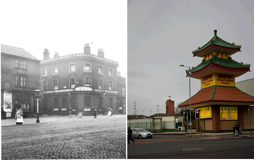 Figure 4 – Photograph of the Briton’s Protection, Oldham Road, 1897, and 2012 photograph by Rosanna Freedman of the same site, now occupied by Wing Yip.