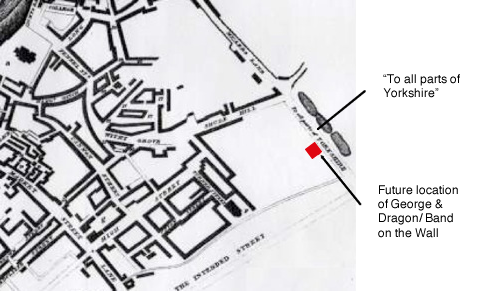 Figure 3 – Extract from ‘A Plan of Manchester and Salford’, T. Tinker, 1772 (Manchester Archives & Local Studies). Pin-pointed at the edge of a field is where the George & Dragon/Band on the Wall would be developed.