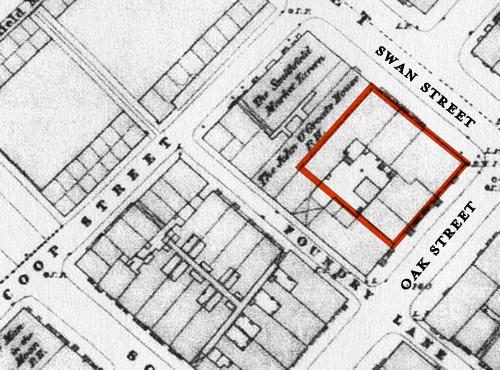 Figure 7 – Detail from Ordnance Survey Map 1850 (Manchester Archives & Local Studiess). Outlined in red is the site of the present Band on the Wall, including The Picturehouse.