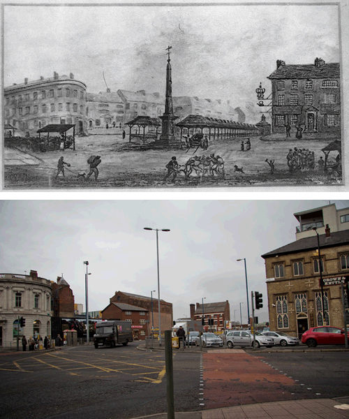 Figure 6 - New Cross: 1820 drawing (top) and 2012 photograph (bottom). Photography by Rosanna Freedman