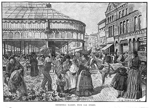 Figure 7 - Smithfield Market in 1880, drawing by Henry Edward Tidmarsh (Manchester Archives & Local Studies). The 'Cocozza Wood' building is visible on the right, also the adjacent Burton Arms.
